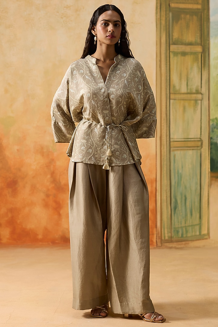 Beige & Off-White Silk Floral Printed Co-Ord Set by Khyati Rughani at Pernia's Pop Up Shop