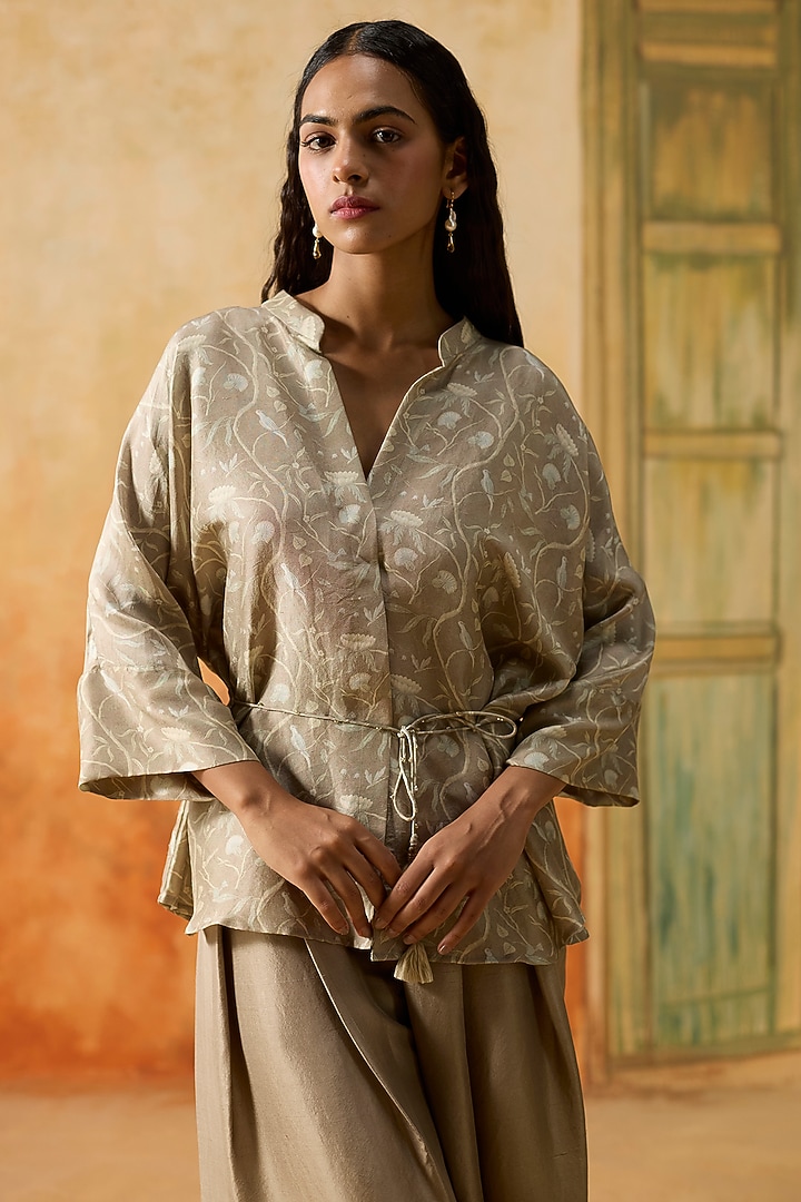 Beige & Off-White Silk Floral Printed Co-Ord Set by Khyati Rughani at Pernia's Pop Up Shop