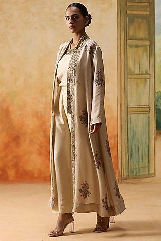 Beige Silk Beads Embroidered Jacket Set by Khyati Rughani