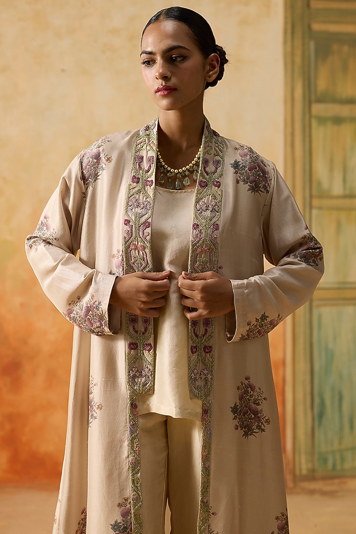 Beige Silk Beads Embroidered Jacket Set by Khyati Rughani at Pernia's Pop Up Shop