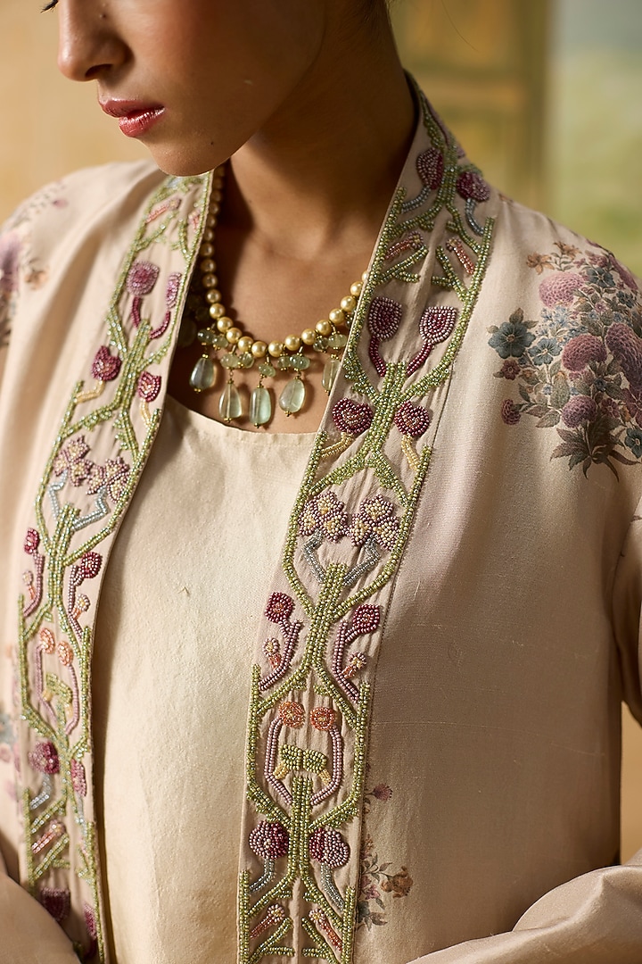 Beige Silk Beads Embroidered Jacket Set by Khyati Rughani at Pernia's Pop Up Shop
