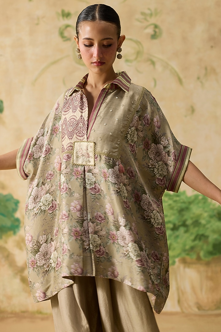 Brown & Purple Silk Floral Patchwork Top by Khyati Rughani at Pernia's Pop Up Shop