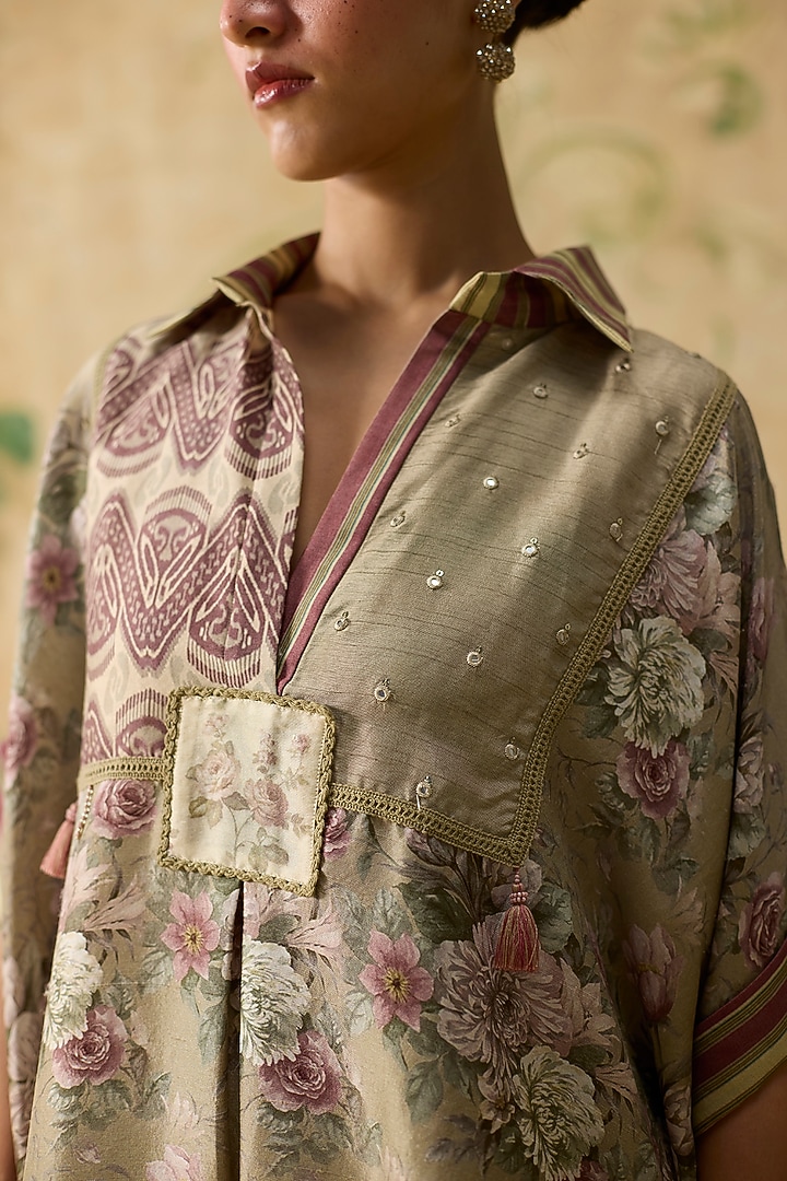 Brown & Purple Silk Floral Patchwork Top by Khyati Rughani at Pernia's Pop Up Shop