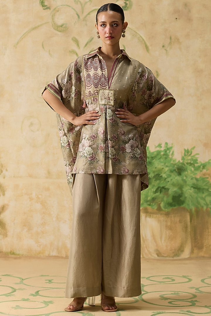 Brown & Purple Silk Floral Patchwork Top by Khyati Rughani at Pernia's Pop Up Shop