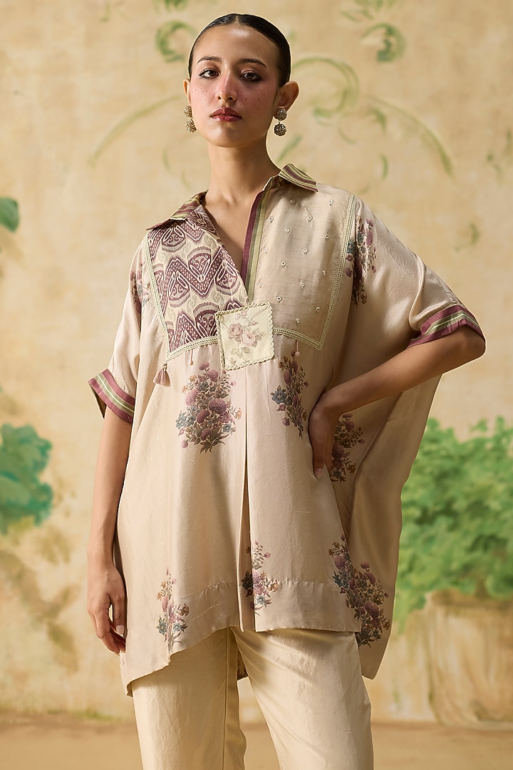 Beige & Purple Silk Floral Patchwork Top by Khyati Rughani at Pernia's Pop Up Shop
