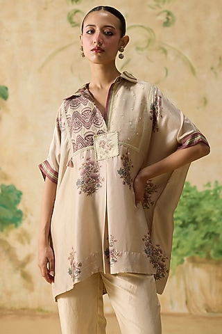 Beige & Purple Silk Floral Patchwork Top by Khyati Rughani