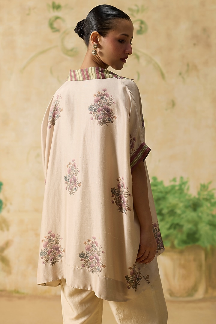 Beige & Purple Silk Floral Patchwork Top by Khyati Rughani at Pernia's Pop Up Shop