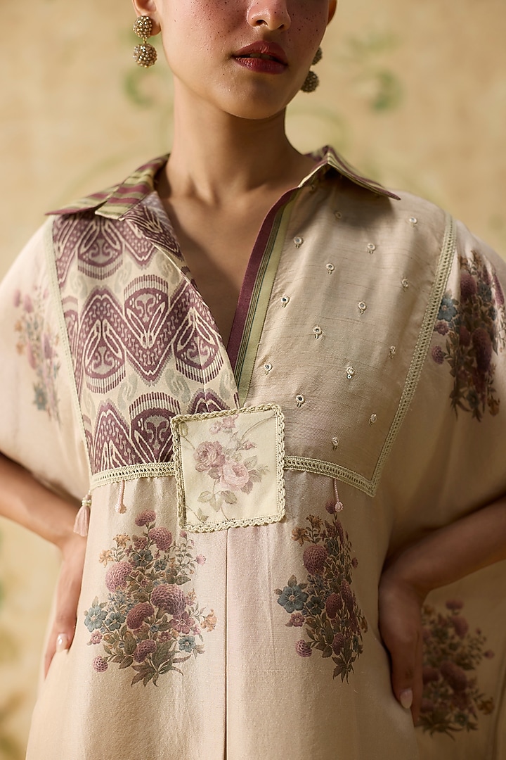 Beige & Purple Silk Floral Patchwork Top by Khyati Rughani at Pernia's Pop Up Shop