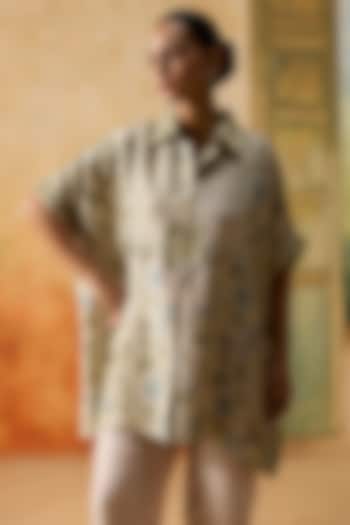 Grey & Light Blue Silk Floral Patchwork Top by Khyati Rughani at Pernia's Pop Up Shop