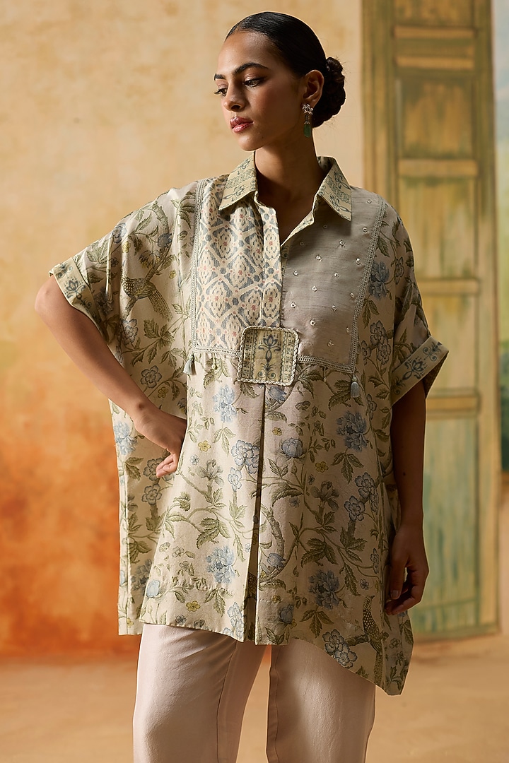 Grey & Light Blue Silk Floral Patchwork Top by Khyati Rughani at Pernia's Pop Up Shop