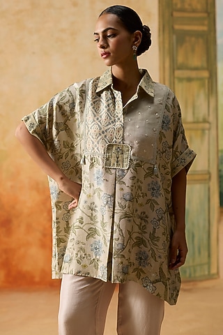 Grey & Light Blue Silk Floral Patchwork Top by Khyati Rughani