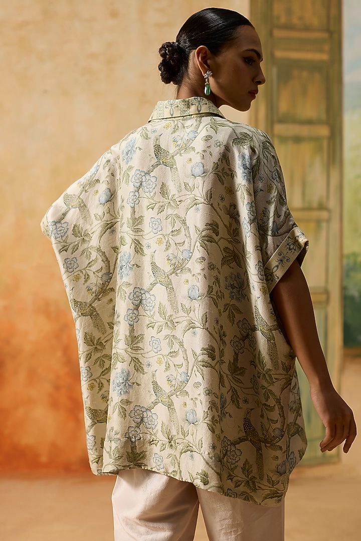 Grey & Light Blue Silk Floral Patchwork Top by Khyati Rughani at Pernia's Pop Up Shop