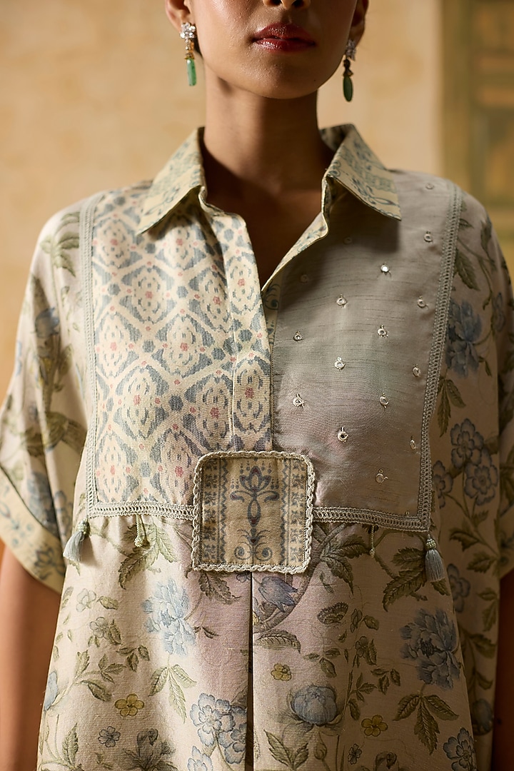 Grey & Light Blue Silk Floral Patchwork Top by Khyati Rughani at Pernia's Pop Up Shop
