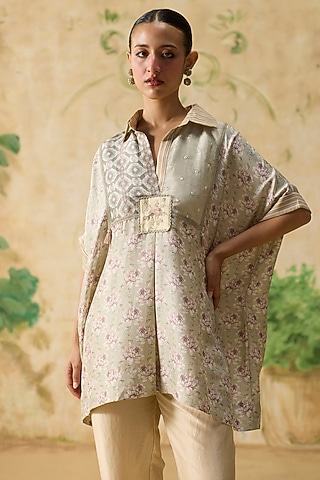 Grey & Pink Silk Floral Patchwork Top by Khyati Rughani