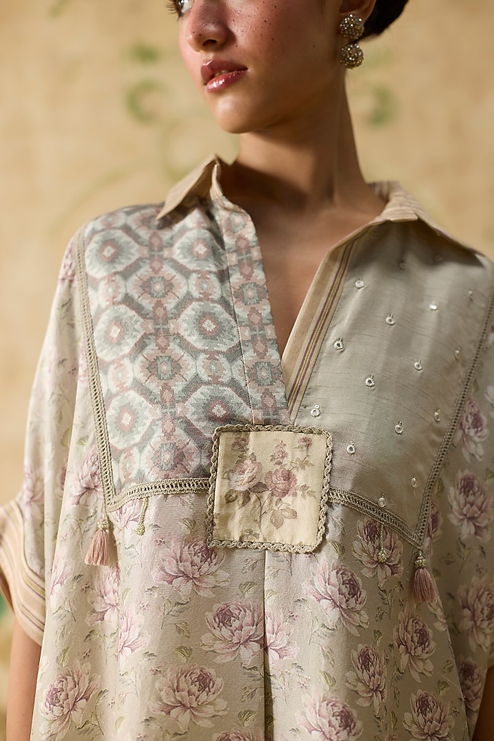 Grey & Pink Silk Floral Patchwork Top by Khyati Rughani at Pernia's Pop Up Shop