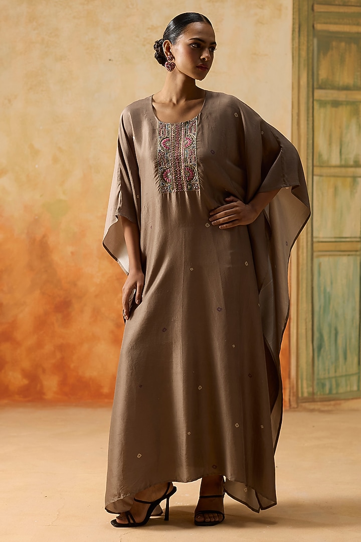 Brown Silk Bandhani Printed Kaftan by Khyati Rughani at Pernia's Pop Up Shop