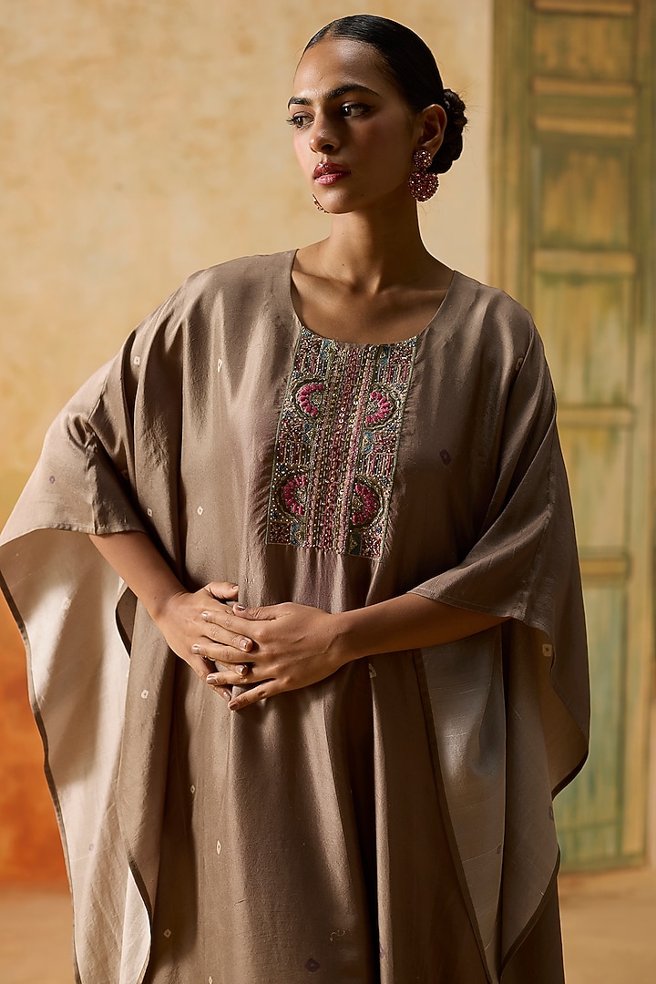 Brown Silk Bandhani Printed Kaftan by Khyati Rughani at Pernia's Pop Up Shop
