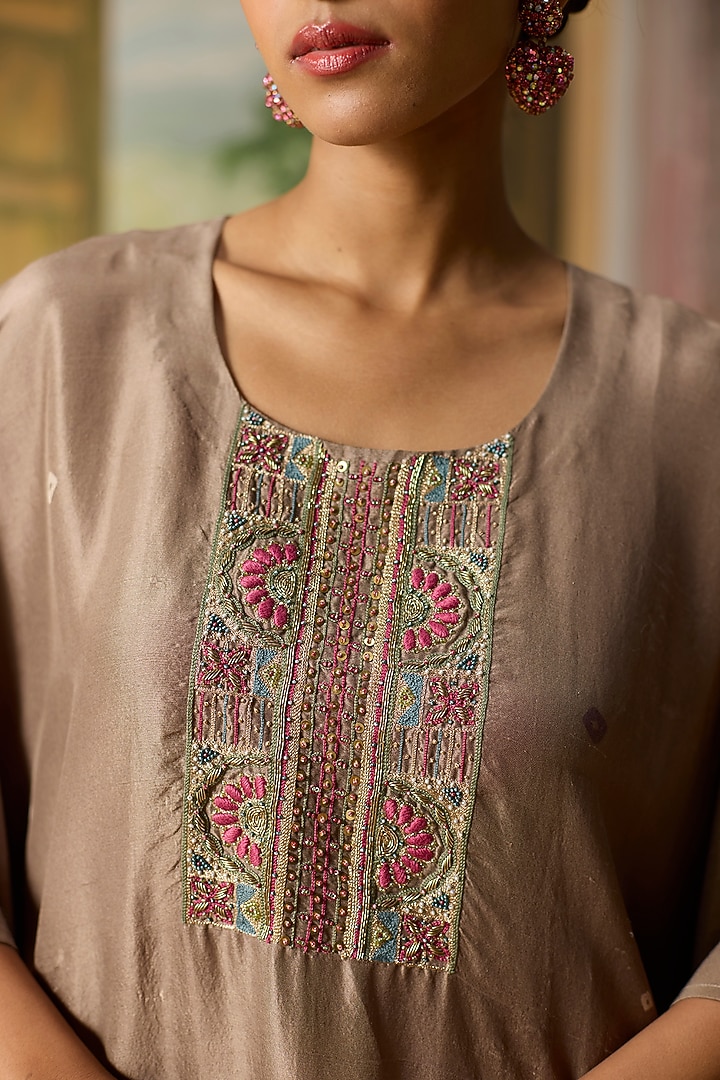 Brown Silk Bandhani Printed Kaftan by Khyati Rughani at Pernia's Pop Up Shop