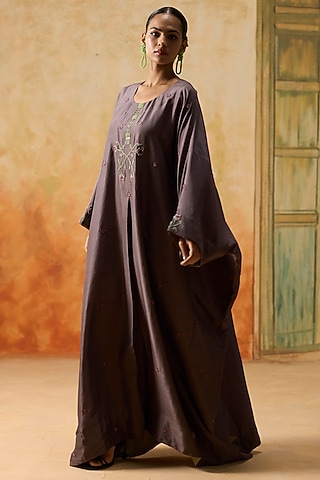 Purple Silk Embroidered Pleated Kaftan by Khyati Rughani