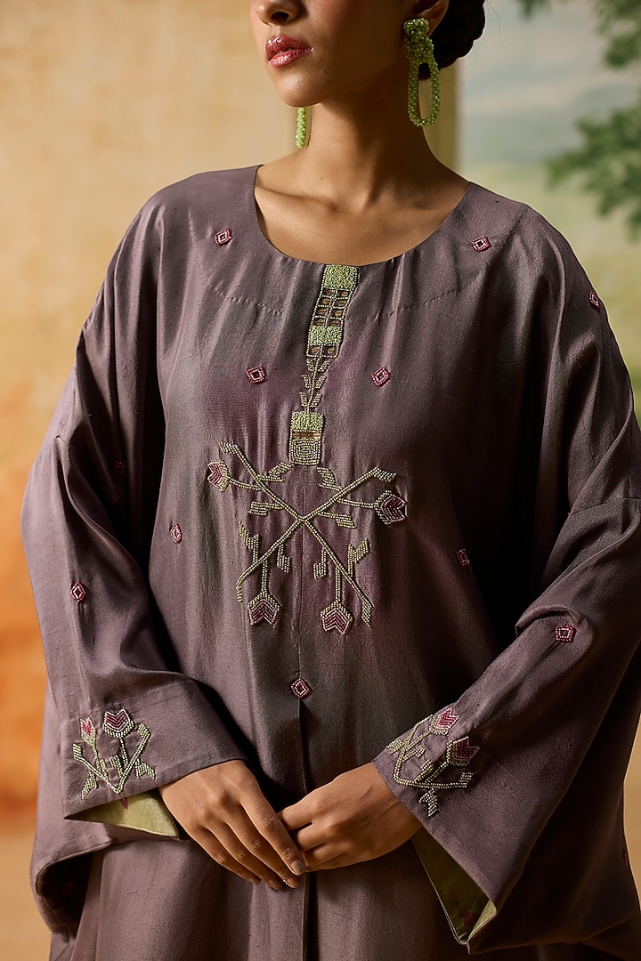 Purple Silk Embroidered Pleated Kaftan by Khyati Rughani at Pernia's Pop Up Shop