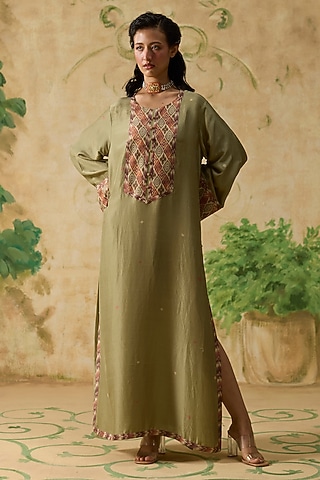 Green Silk Bandhani Printed Straight Kaftan by Khyati Rughani