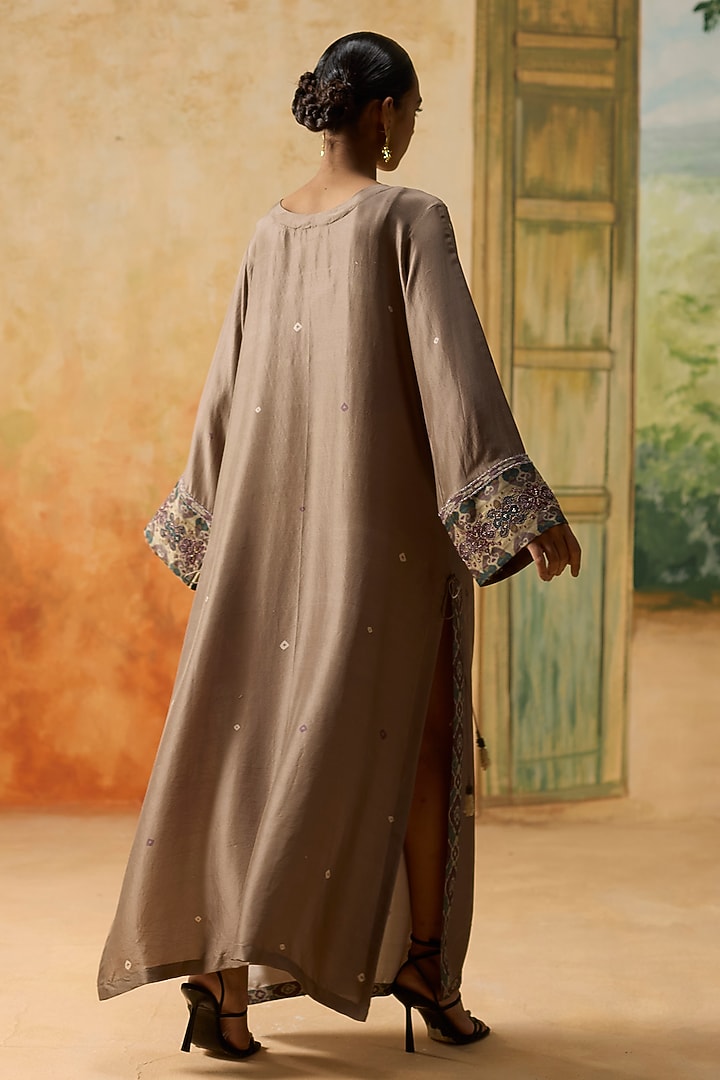 Brown Silk Bandhani Printed Straight Kaftan by Khyati Rughani at Pernia's Pop Up Shop