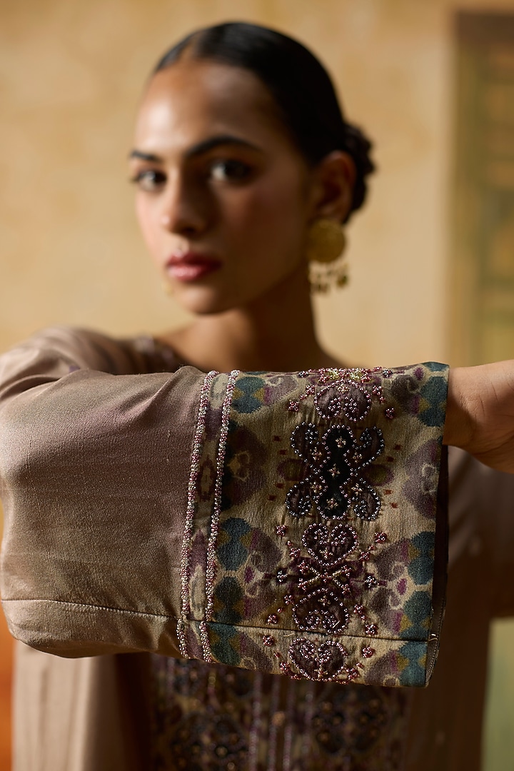 Brown Silk Bandhani Printed Straight Kaftan by Khyati Rughani at Pernia's Pop Up Shop