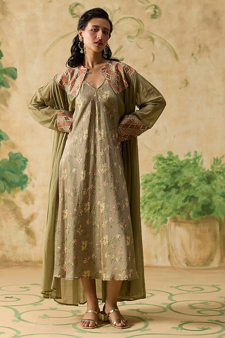Green Silk Bandhani & Ikkat Patch Work Jacket Vacation Dress by Khyati Rughani at Pernia's Pop Up Shop