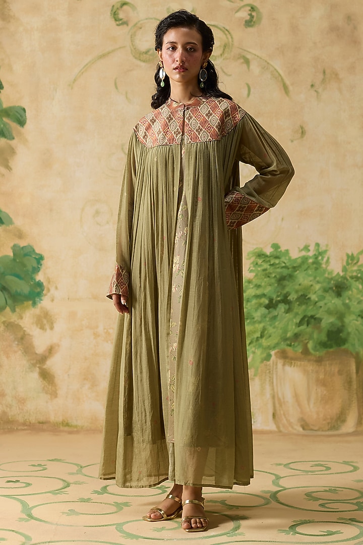 Green Silk Bandhani & Ikkat Patch Work Jacket Vacation Dress by Khyati Rughani at Pernia's Pop Up Shop