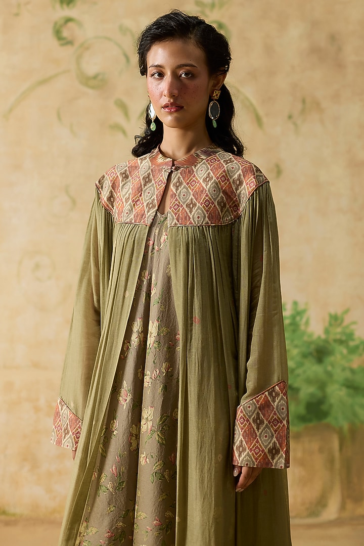 Green Silk Bandhani & Ikkat Patch Work Jacket Vacation Dress by Khyati Rughani at Pernia's Pop Up Shop