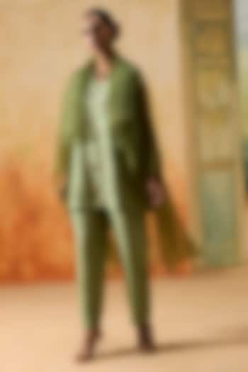 Green Silk Floral Printed Flowy Sheer Jacket Set by Khyati Rughani at Pernia's Pop Up Shop