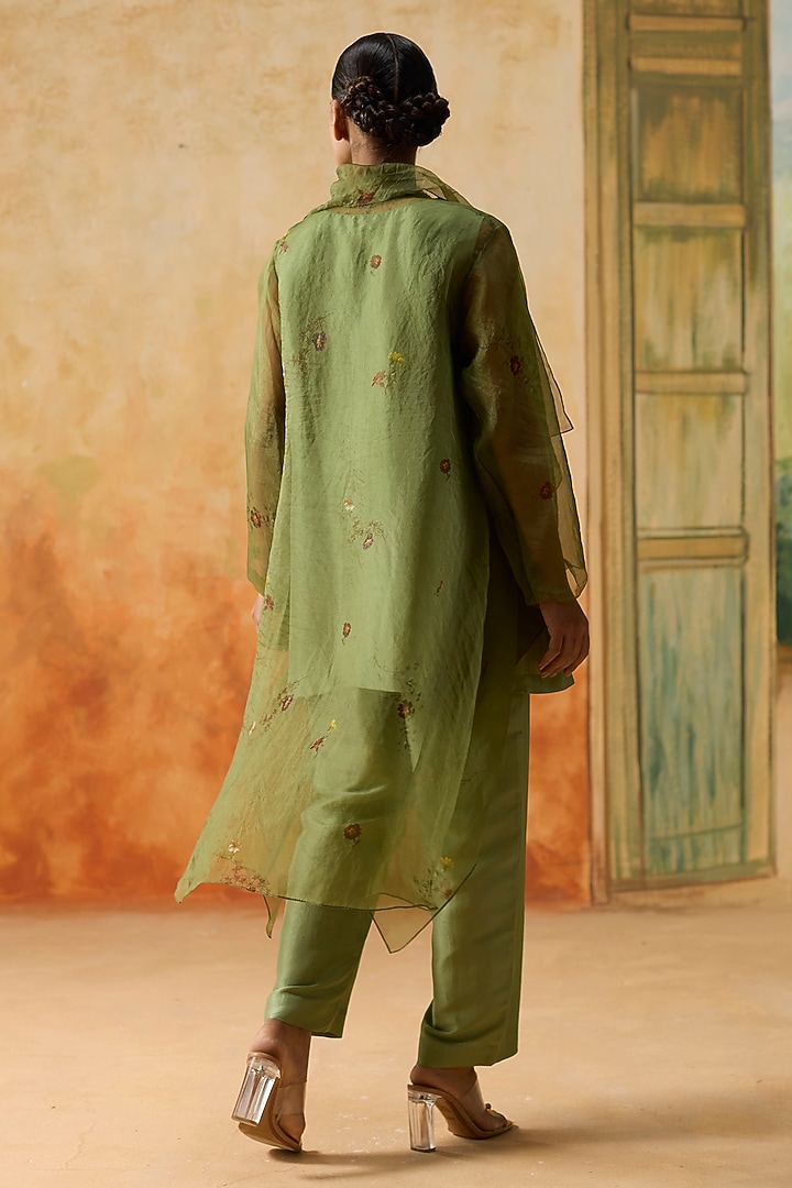Green Silk Floral Printed Flowy Sheer Jacket Set by Khyati Rughani at Pernia's Pop Up Shop
