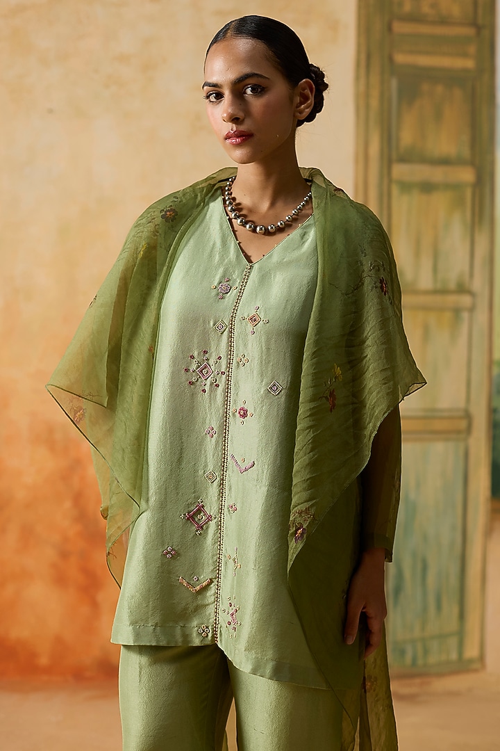 Green Silk Floral Printed Flowy Sheer Jacket Set by Khyati Rughani at Pernia's Pop Up Shop