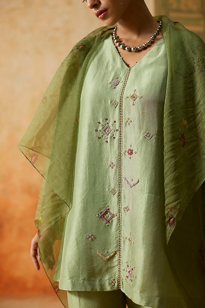 Green Silk Floral Printed Flowy Sheer Jacket Set by Khyati Rughani at Pernia's Pop Up Shop