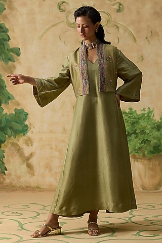 Green Silk Tunic With Overlay Jacket by Khyati Rughani