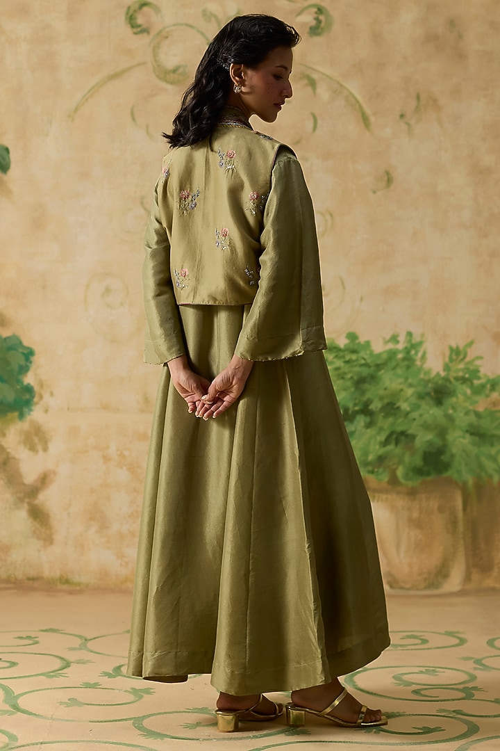 Green Silk Tunic With Overlay Jacket by Khyati Rughani at Pernia's Pop Up Shop