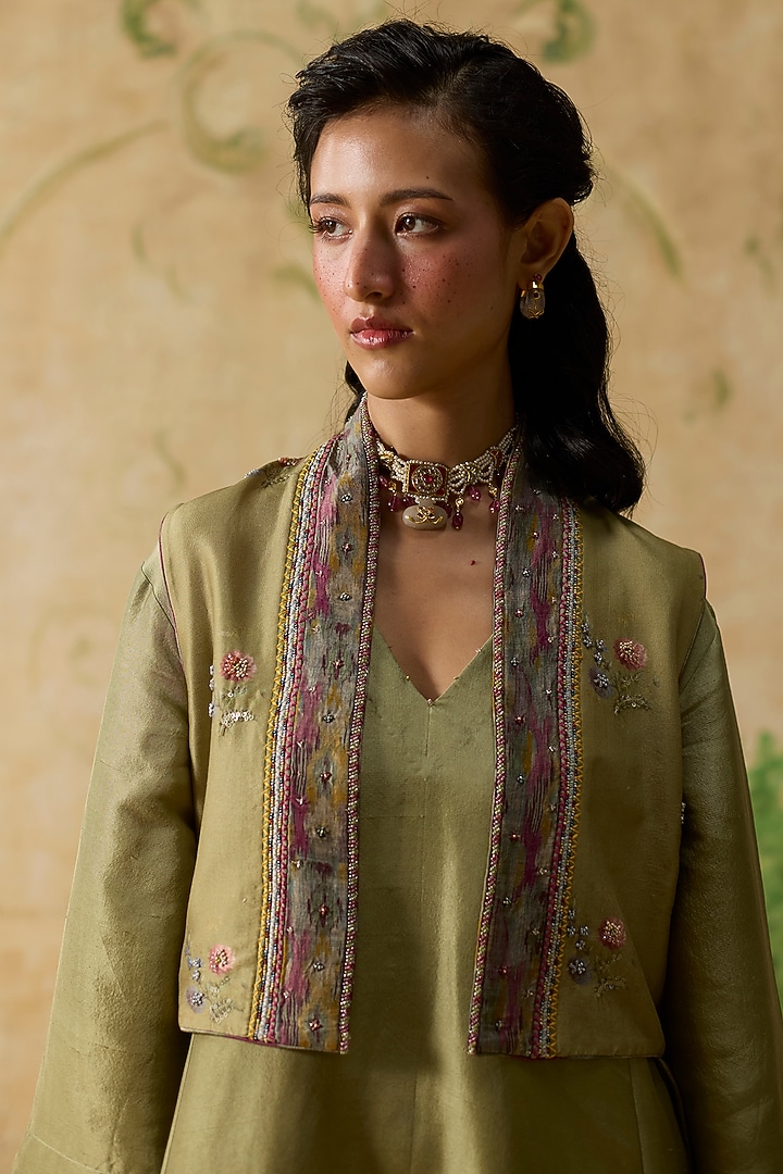 Green Silk Tunic With Overlay Jacket by Khyati Rughani at Pernia's Pop Up Shop