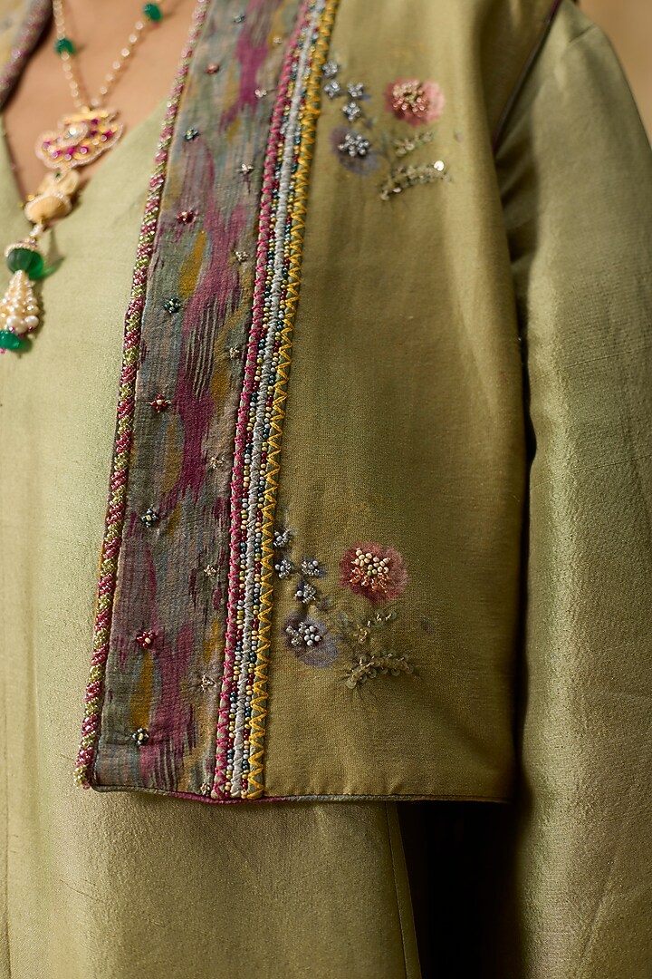 Green Silk Tunic With Overlay Jacket by Khyati Rughani at Pernia's Pop Up Shop