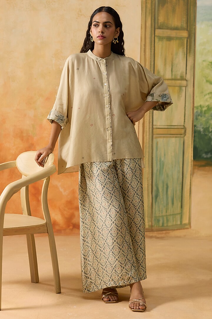 Beige Silk Beads Embellished Co-Ord Set by Khyati Rughani at Pernia's Pop Up Shop