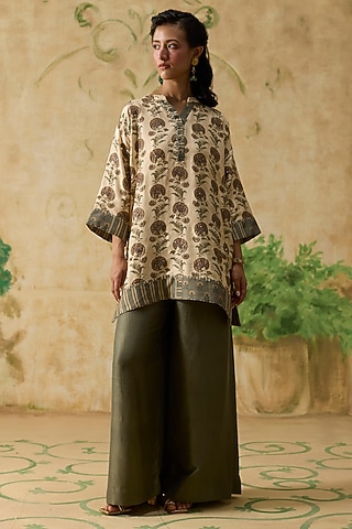 Brown Silk Floral Printed Short Kurta Set by Khyati Rughani