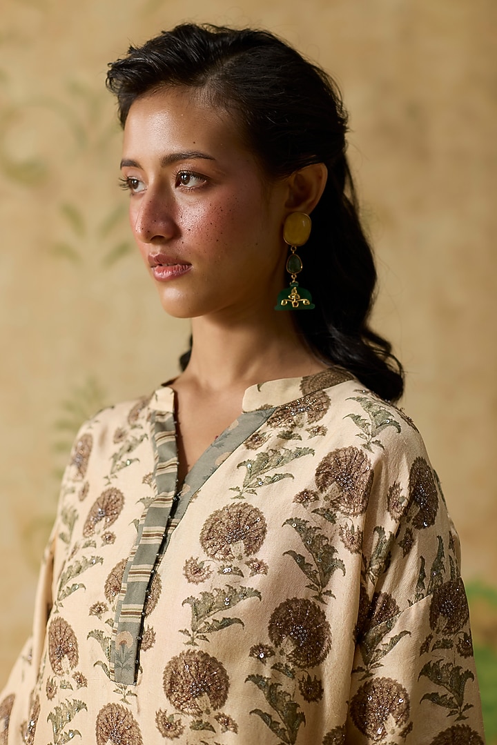 Brown Silk Floral Printed Short Kurta Set by Khyati Rughani at Pernia's Pop Up Shop
