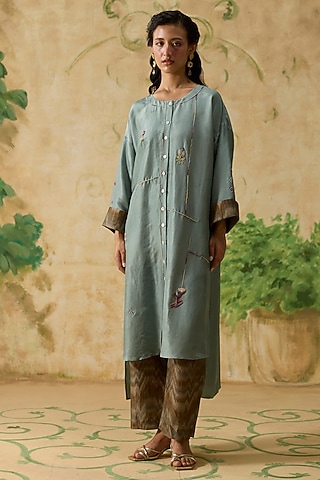 Teal Silk Beads Embroidered High-Low Kurta Set by Khyati Rughani