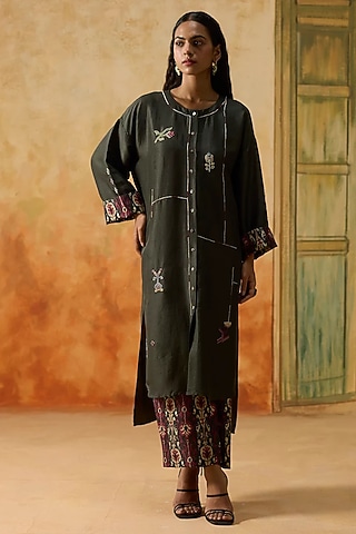 Charcoal Grey Silk Beads Embroidered High-Low Kurta Set by Khyati Rughani