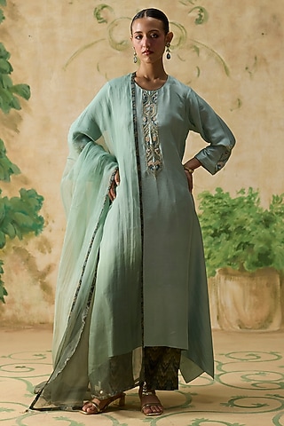 Light Blue Silk Beads Embroidered High-Low Kurta Set by Khyati Rughani