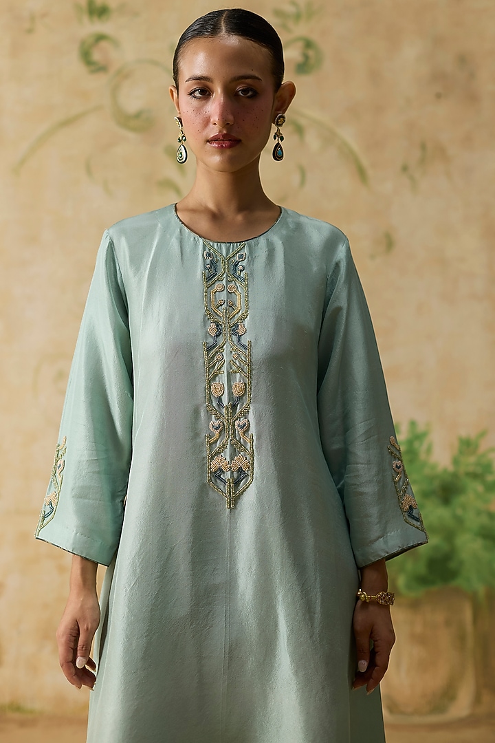 Light Blue Silk Beads Embroidered High-Low Kurta Set by Khyati Rughani at Pernia's Pop Up Shop