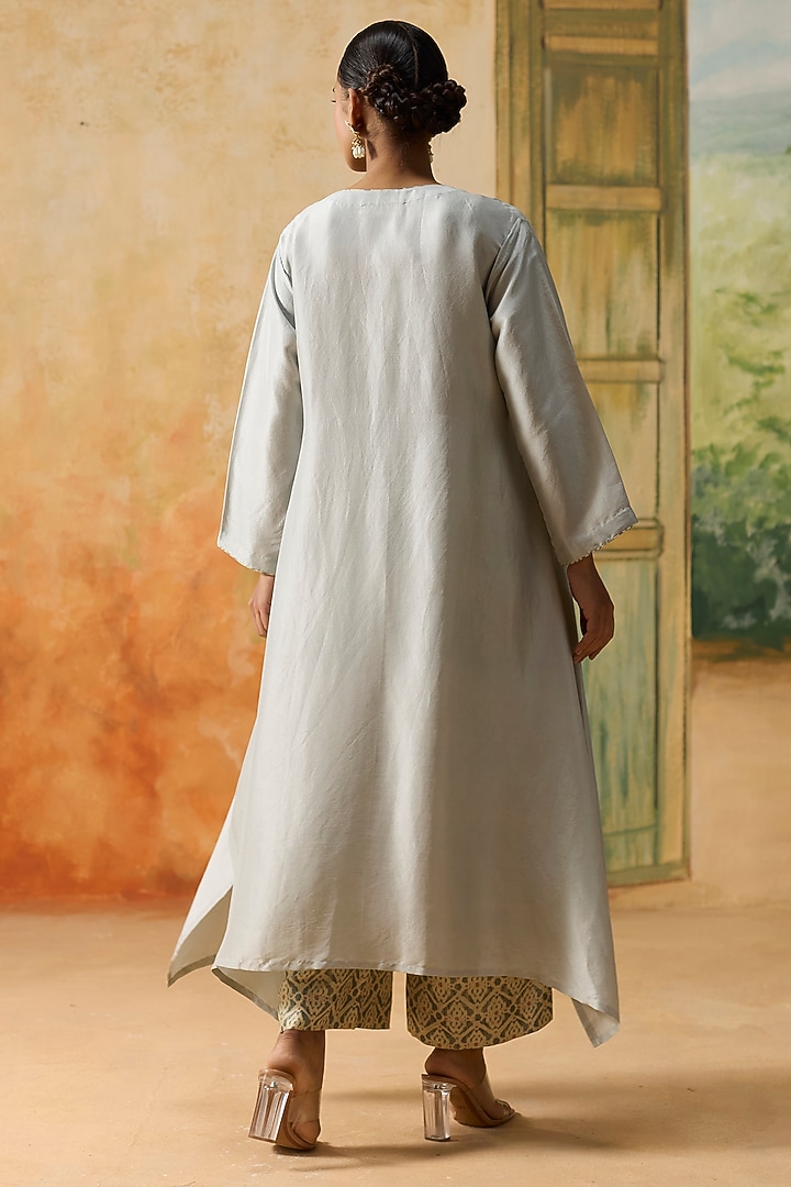 Mint Blue Silk Beads Embroidered High-Low Kurta Set by Khyati Rughani at Pernia's Pop Up Shop