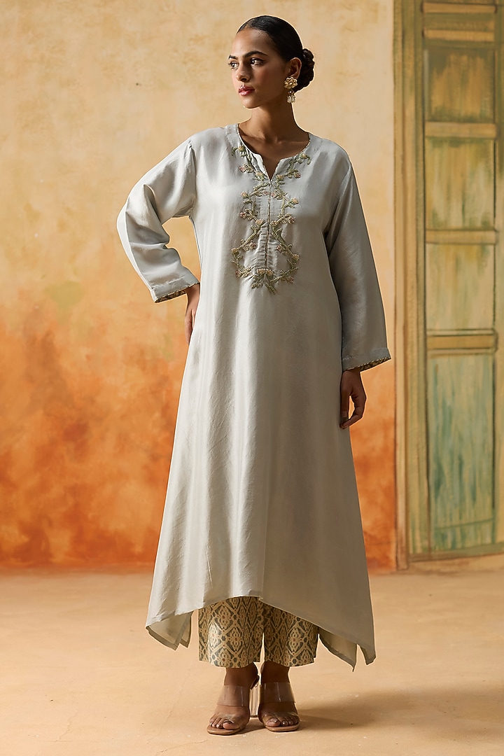 Mint Blue Silk Beads Embroidered High-Low Kurta Set by Khyati Rughani at Pernia's Pop Up Shop