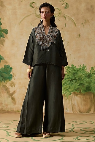 Charcoal Grey Silk Ikkat Co-Ord Set by Khyati Rughani