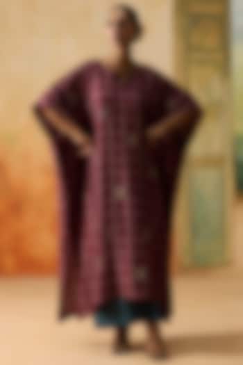 Burgundy Silk Checkered Kaftan Set by Khyati Rughani at Pernia's Pop Up Shop