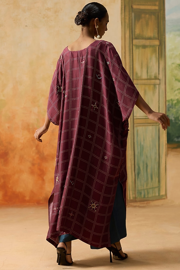 Burgundy Silk Checkered Kaftan Set by Khyati Rughani at Pernia's Pop Up Shop